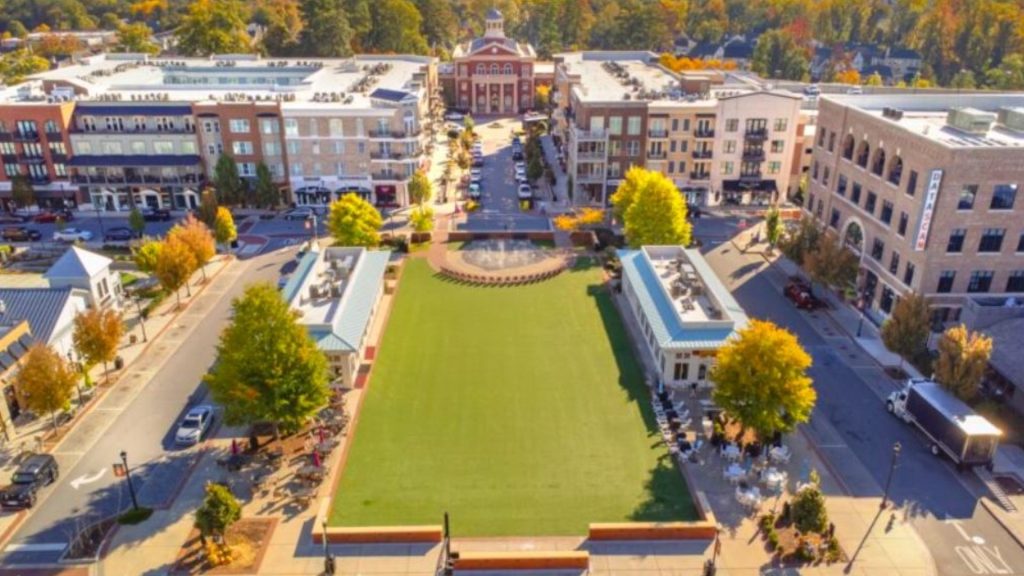 Arial view of downtown Alpharetta, Georgia